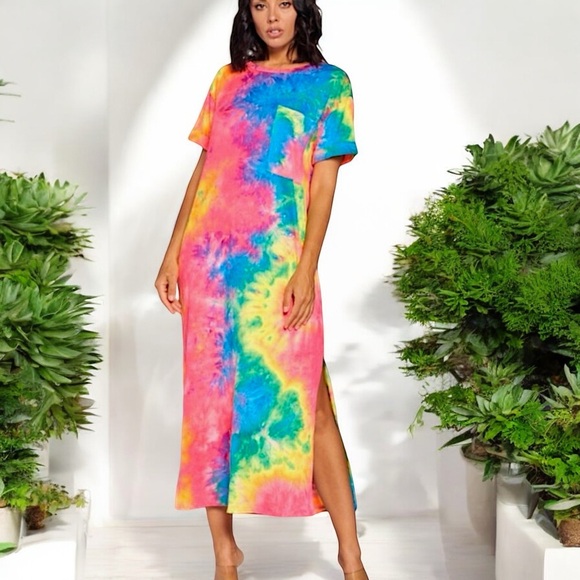Win Win Fun In The Sun Tie Dye Long Tee Shirt Cover-Up Dress - Picture 3 of 16